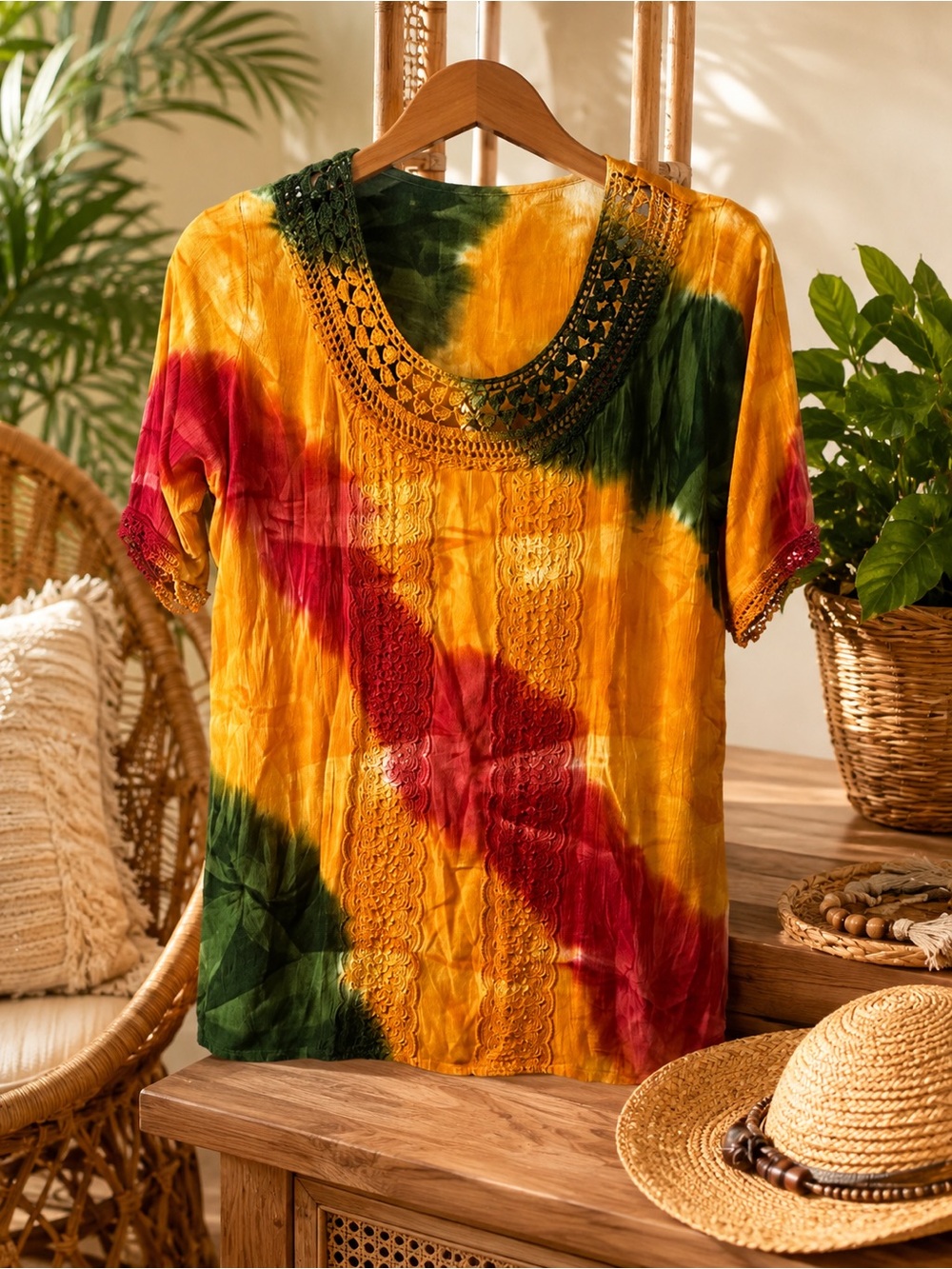 Unique Spectrum Tie-Dye Crochet Trim Short Sleeve Top